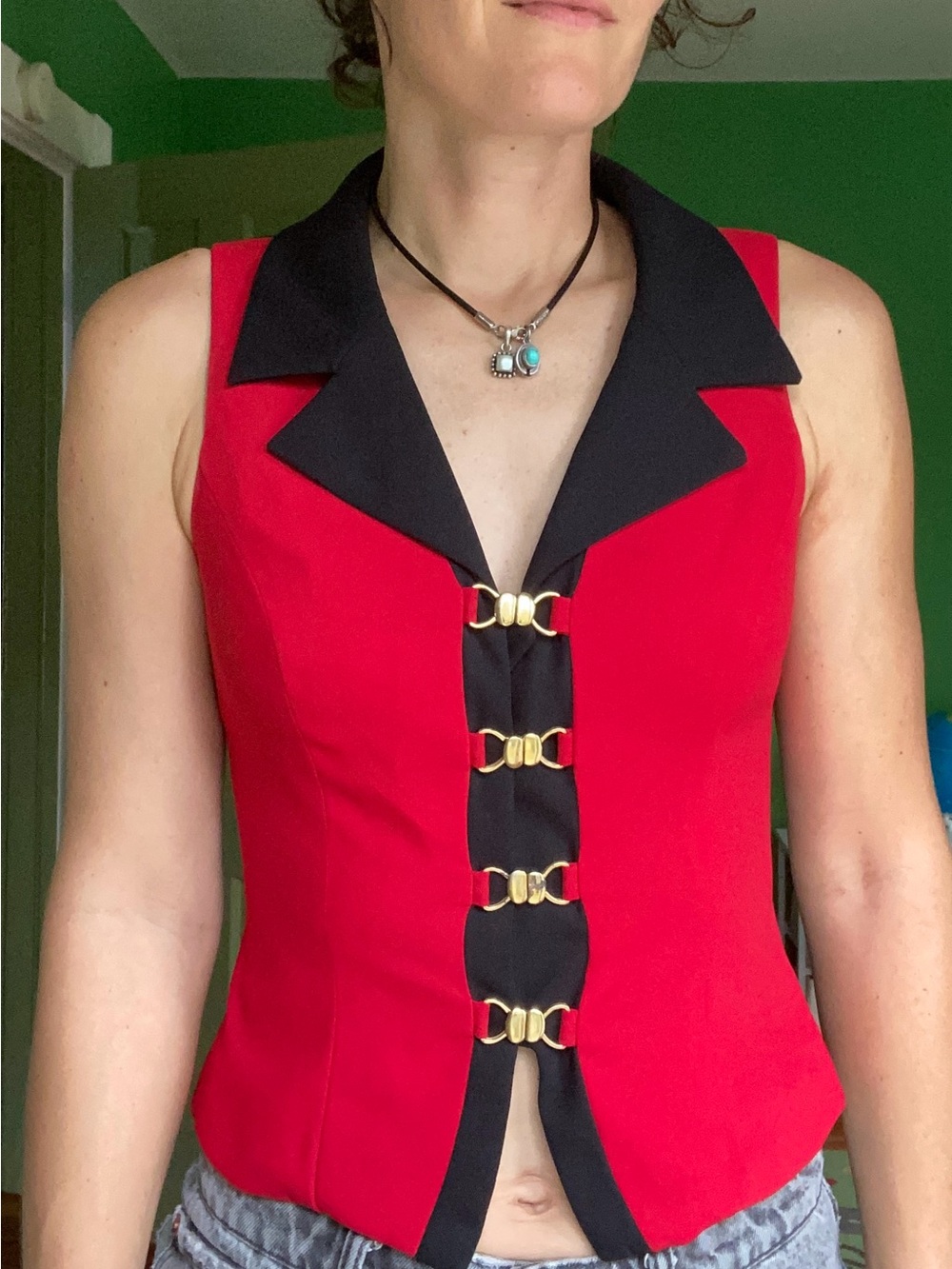 Vintage 90s Cline Kolarwk Red Sleeveless Vest with Black Trim and Gold Hardware